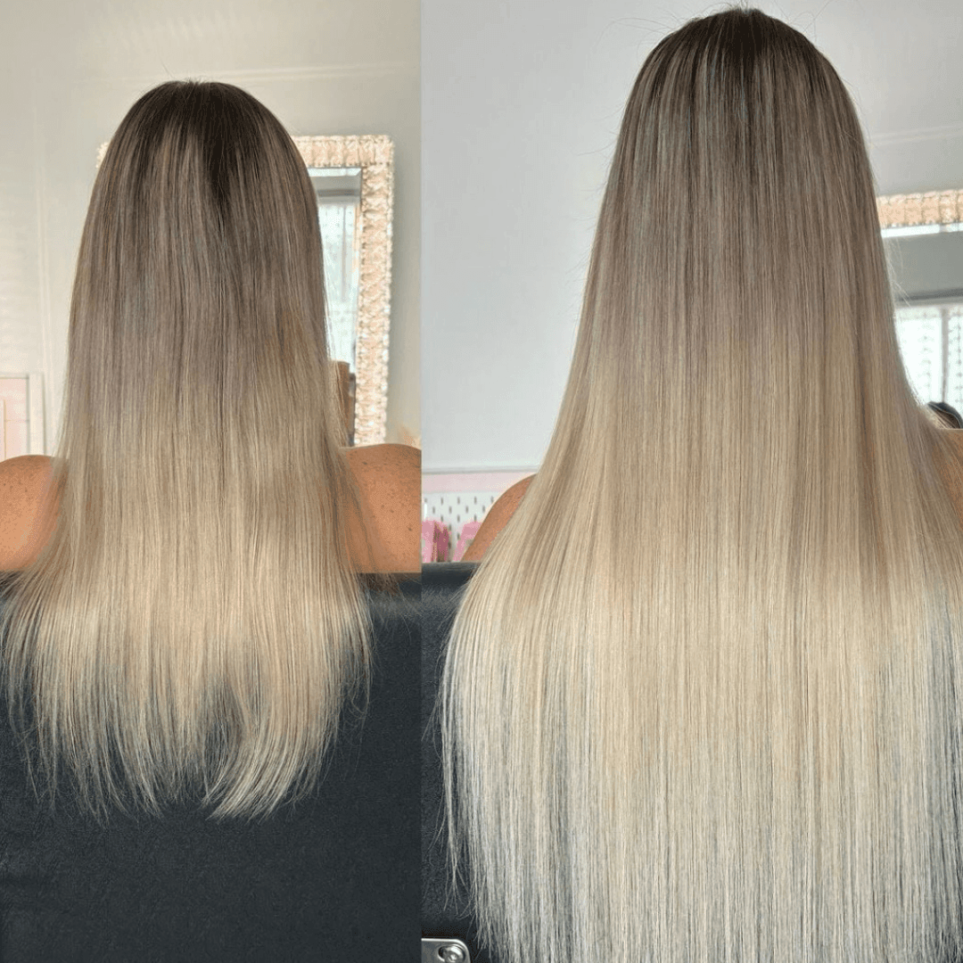 Before & After blonde hair extensions 